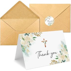 25 Pack Thank You Cards with Envelope & Stickers, 4 * 6in Watercolor Cross Flower Blank Inside Thank You Card for Baptism, Wedding, Funeral, Bridal Shower, Baby Shower, Communion