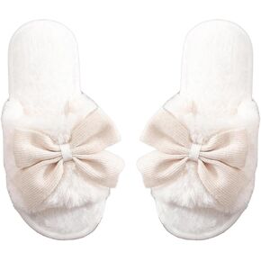 OYOANGLE Women's Cute Bow Decor Fuzzy Open Toe Indoor Home Slippers Fashionable Warm Comfy Furry Outdoor Slippers