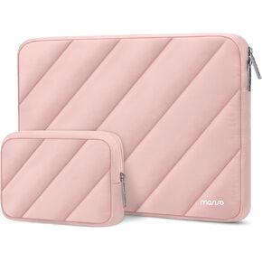 MOSISO 13-14 inch Laptop Case, Compatible with MacBook Air/Pro 13 inch, Compatible with MacBook Pro 14 M4 M3 M2 M1, Left Parallelogram Quilted Puffy Laptop Sleeve Bag Cover with Small Case, Pink