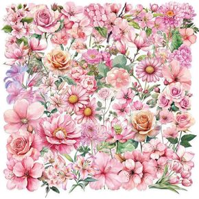 Transparent Pink Flower Stickers for Scrapbooking PET Nature Plant Stickers Floral Stickers Vintage Craft Sticker Colorful Small Flower Sticker for Journaling Scrapbooking Clear Flower Decals (Pink)