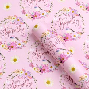 WRAPAHOLIC Kraft Sympathy Wrapping Paper - Mini Roll - 17 Inch x 16.5 Feet - Pink Flower Design for Sympathy Gift Wrap