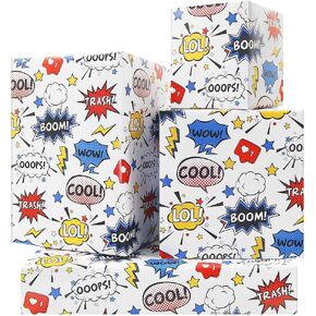 Comic Book Wrapping Paper for Boys Girls Kids, BOOM WOW OOOPS Colorful Cartoon Print on White Art Paper, Folded Flat Comic Book Theme Gift Wrap Paper for Birthday Holiday Christmas Party Women Men