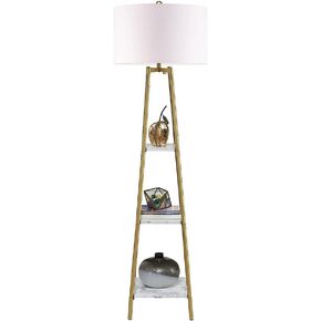 Floor Lamp, Standing Reading Light with Shelves and Gold Shade, Modern Tall Pole Lamp, Accent Furniture Décor Lighting for Living Room, Bedrooms (Gold, White Shade)