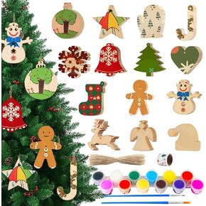 282pcs Unfinished Wooden Christmas Ornaments Wood Slices 14 Styles DIY Wooden Christmas Ornaments to Paint Christmas Hanging Ornaments for Craft with Mini Acrylic Paint & Christmas Stickers Rope