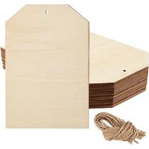 PINGEUI 20 Pcs 10 x 7 Inch Large Wooden Tags for Crafts, Unfinished Blank Wood Sign, Wooden Gift Tags Labels with Holes and 22cm Jute Twine for DIY Craft Supplies, Painting, Staining and Decorations