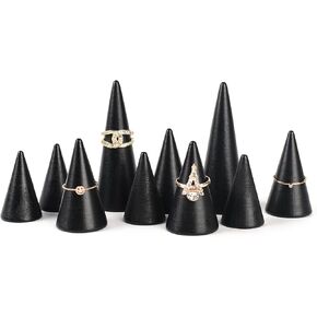 Natural Wood Cones, 10Pcs 3 Different Sizes Wood Cone Rings Holder Jewelry Display Stand Vertical Shaped Unpainted Wooden Cones for Girls Women DIY Craft