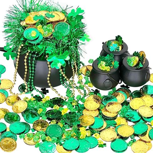542 PCS ST Patricks وعاء الذهب مجموعة 1 كبيرة 3 ميني سوداء المرجل 200 عملات شامروك البلاستيكية 200 GEMS 6 قلادات مطرز 130 شامروك Confetti 2 Garland for St Patricks Day Decoration Supply in Saudi Arabia