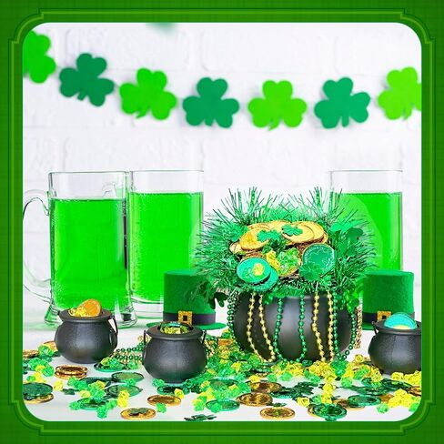 542 PCS ST Patricks وعاء الذهب مجموعة 1 كبيرة 3 ميني سوداء المرجل 200 عملات شامروك البلاستيكية 200 GEMS 6 قلادات مطرز 130 شامروك Confetti 2 Garland for St Patricks Day Decoration Supply in Saudi Arabia