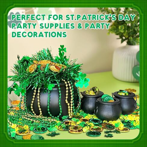 542 PCS ST Patricks وعاء الذهب مجموعة 1 كبيرة 3 ميني سوداء المرجل 200 عملات شامروك البلاستيكية 200 GEMS 6 قلادات مطرز 130 شامروك Confetti 2 Garland for St Patricks Day Decoration Supply in Saudi Arabia