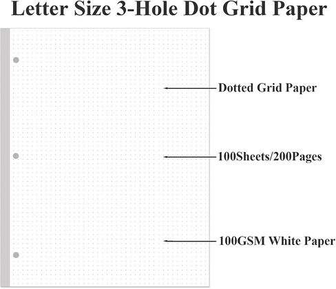 3-Hole Dotted Paper Refills, Letter Size 100Sheets / 200Pages Loose-Leaf Paper, 100gsm, White, 8.5'' x 11'' in Saudi Arabia