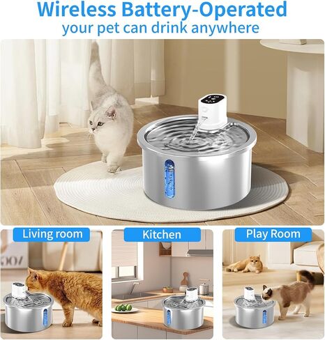 Stainless Steel Wireless Cat Water Fountain 3.2L/108oz Automatic Cat Water Dispenser 4000mAh Battery Operated Large Capacity Pet Water Fountains for Cats Dogs (Black Classic) in Saudi Arabia