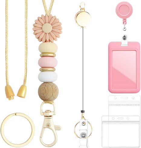 Cute Silicone Beads Lanyard Set for Teacher,Breakaway Lanyard with Smooth Metal Badge Reel & Clip,with Three ID Card Holders for Students Worker Employees (Light Pink Daisy) in Saudi Arabia