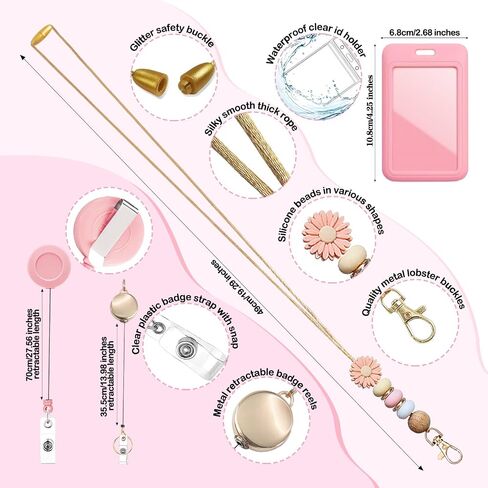 Cute Silicone Beads Lanyard Set for Teacher,Breakaway Lanyard with Smooth Metal Badge Reel & Clip,with Three ID Card Holders for Students Worker Employees (Light Pink Daisy) in Saudi Arabia