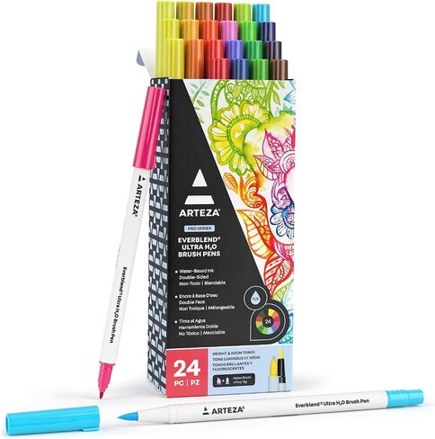 ARTEZA Dual Tip Brush Pens, 24 Watercolor Calligraphy Markers, Bright and Neon Tones, Nylon Brush and Fine Tip in Saudi Arabia