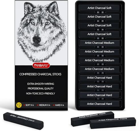 PANDAFLY Compressed Charcoal Sticks, 12 Pieces (Soft, Medium, Hard) Square Vine Charcoal Sticks for Drawing, Sketching, Shading, Charcoal Drawing Set for Beginners & Pro Artists in Kuwait