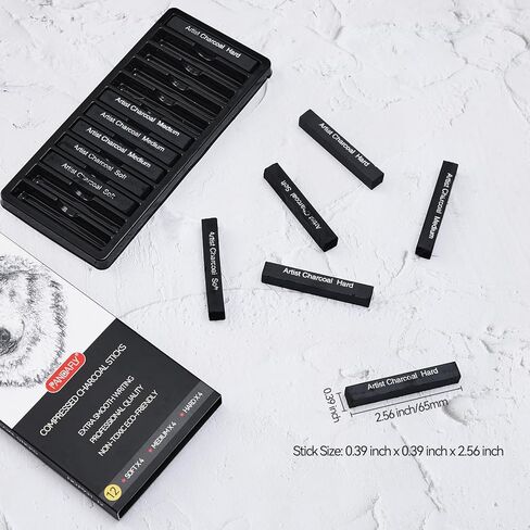 PANDAFLY Compressed Charcoal Sticks, 12 Pieces (Soft, Medium, Hard) Square Vine Charcoal Sticks for Drawing, Sketching, Shading, Charcoal Drawing Set for Beginners & Pro Artists in Kuwait