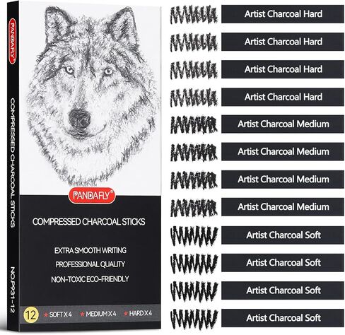 PANDAFLY Compressed Charcoal Sticks, 12 Pieces (Soft, Medium, Hard) Square Vine Charcoal Sticks for Drawing, Sketching, Shading, Charcoal Drawing Set for Beginners & Pro Artists in Kuwait