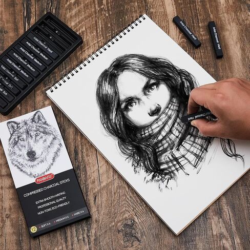 PANDAFLY Compressed Charcoal Sticks, 12 Pieces (Soft, Medium, Hard) Square Vine Charcoal Sticks for Drawing, Sketching, Shading, Charcoal Drawing Set for Beginners & Pro Artists in Kuwait