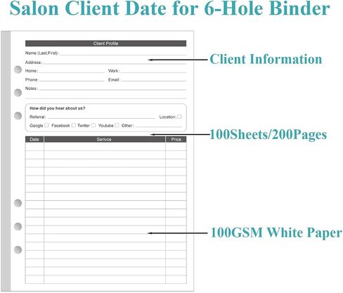 A5 Stylist Binder Insert Cards - 3-Hole Client Profile Cards for Hair Stylist, Salon, Spa, Hairdresser, 100 Sheets/200 Pages Business Data Client Card, 5.8''×8.3'' in Kuwait