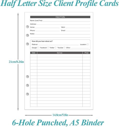 A5 Stylist Binder Insert Cards - 3-Hole Client Profile Cards for Hair Stylist, Salon, Spa, Hairdresser, 100 Sheets/200 Pages Business Data Client Card, 5.8''×8.3'' in Kuwait