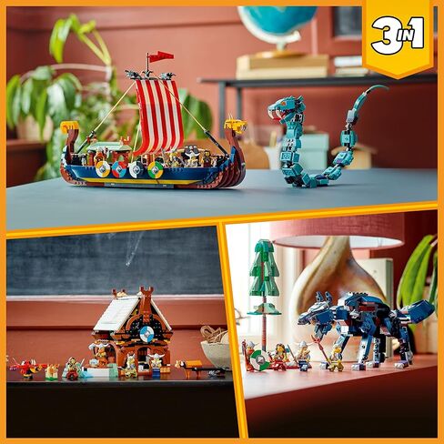 Lego Creator 3in1 Viking Ship و Midgard Serpent 31132 ، قارب الألعاب والثعبان إلى منزل بناء الشكل أو الذئب ، هدايا للأطفال والفتيان والبنات in Saudi Arabia