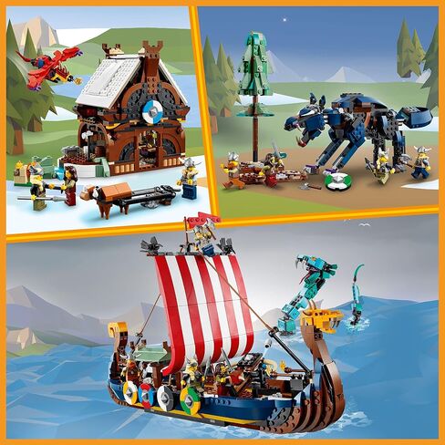 Lego Creator 3in1 Viking Ship و Midgard Serpent 31132 ، قارب الألعاب والثعبان إلى منزل بناء الشكل أو الذئب ، هدايا للأطفال والفتيان والبنات in Saudi Arabia