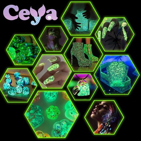 Ceya Glow in The Dark Glitter Set 18 Colors, 6.3 oz/ 180g Luminous Chunky Glitter Mix Fine Powder Flakes Fluorescent Nail Sequins for Epoxy Resin, Tumblers, Halloween Party, Festival Decor in Kuwait