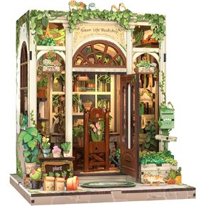 Cutefun Book Nook Kit, DIY Miniature House Kit with LED, 3D Wooden Puzzles for Adults Mini House Building Kit, Dollhouse Kit Bookshelf Insert Decor Creative Gifts for Teens (Green Life Bookshop)