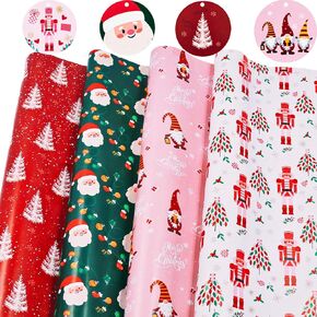GFInYHM Christmas Wrapping Paper for Kids, 12 Sheets Xmas Kraft Gift Wrap with 12 Tags, Designed with Gnome, Santa Claus, Nutcracker, Xmas Tree