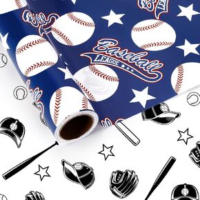 kawaarashi 1 Roll Baseball Pattern Reversible Wrapping Paper Mini Roll - 17in x 32.8Ft Red Blue Cartoon Baseball Sports Themed Gift Wrap Paper for Birthday Party Wrapping Supplies