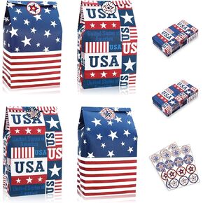 Whaline 36 Pack Patriotic Treat Bags with Tag Stickers American Flag USA Party Favor Bags Patriotic Candy Bags Red Blue Kraft Paper Gift Bags for Independence Day Party Supplies Gift Wrap