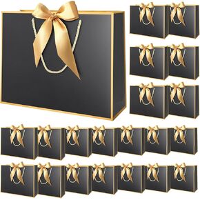 MelonArt Gift Bags with Handles, 15PCS Thank You Gift Bags 11.8 x 10 x 4'', Party Favor Wrap Bags Bulk with Bow Ribbon for Wedding Bridal Shower Birthday (Black and Gold)