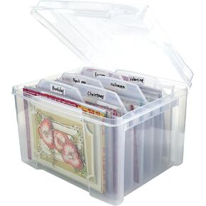 Plastic Clear Greeting Card Box with 6 Clear Removable Dividers and 3pcs magnet sheets, Card Organizer perfect for card, small craft items storage (Clear)