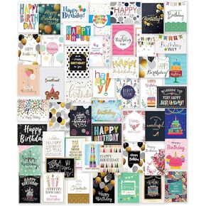 50 Unique Happy Birthday Cards Assortment Large 5x7 Inch with 25 White and 25 Brown Envelopes, Stickers and Generic Greeting Inside, Bulk, Thick Cardstock in a Sturdy Box