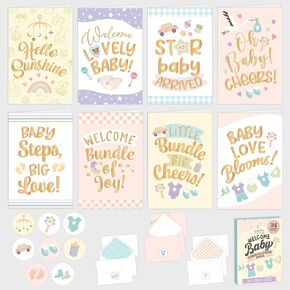 Decorably 24 Pack Gold Foiled 4x6in New Baby Cards Congratulations with Envelopes & Stickers, 8 Adorable Designs New Baby Card with Printed Message Inside