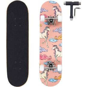 ANNEE 31x8 Inch Skateboard Complete for Beginners,7 Layer Maple Wood Double Kick Concave Skate Boards, Tricks Skateboards for Youths,Beginners,Girls,Boys,Kids,Teens,Adults (Unicorn)