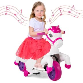 OLAKIDS 2 in 1 Ride on Motorcycle and Horse, Unicorn 6V Battery Powered Ride on Toy with Up & Down Function, MP3, Power Display, Training Wheels, Kids Electric Vehicle Aged 3-6 Years (Pink)