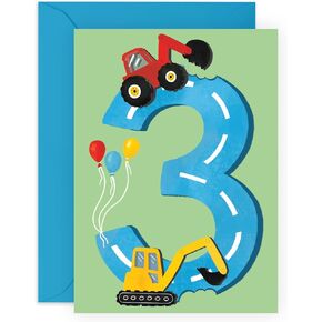 CENTRAL 23 Third Birthday Card for Boys - Happy 3rd Birthday - Age 3 - Three Year Old - Tractors Greeting Card - Fun Construction Vehicle Themed Card for Kids - Son, Grandson, Toddler