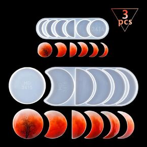 FineInno 3 Pcs Moon Phase Resin Mold Boho Silicone Mold Celestial Lunar Eclipse Crescent Full Young Moon Epoxy Mold DIY Wall Hanging Aesthetic Decor