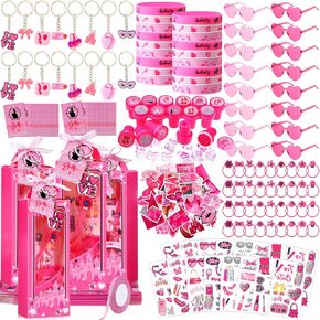 HyDren 195 Pcs Pink Party Favors Include Gift Box Silicone Bracelet Keychain Stamp Temporary Tattoo Hair Band Card Sticker Ribbon Hot Pink Sunglass for Princess Decor Bachelorette Party Birthday