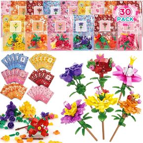 TOY Life 30 Pack Party Favors for Kids, Mini Flower Building Blocks Set for Classroom Prize, Flowers Building Toy for Kids with Gift Cards, Birthday Gifts Easter Basket Stuffers for Boys Girls 6+