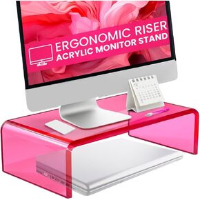 NovaMode Acrylic Monitor Stand - Ergonomic Desk Riser for Better Posture, Stylish & Modern Desktop Organizer, Computer Desk Stand for Monitors & Laptop - Perfect for Valentine's Day - Bright Pink