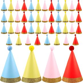 48 Pcs Birthday Party Hats Paper Colorful Cone Party Hats with Pom Poms and Glitter Trim for Kids Adults Birthday Holiday Party Family Gathering Favor Supplies