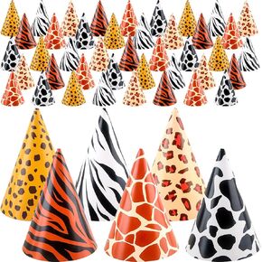 48 Pcs Safari Party Cone Hats Leopard Print Paper Cone Hats Jungle Theme Birthday Party Paper Hats for Kids and Adults Zoo Theme Birthday Party Supplies