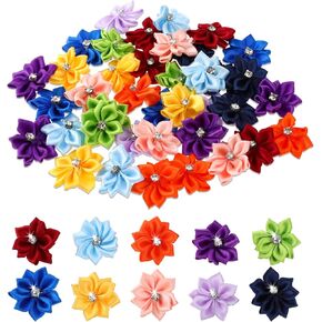 50 Mini Satin Ribbon Flowers - 1.2 Inch Rhinestones, Multicolor, DIY Wedding & Home Decor Craft Embellishment