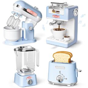 Pretend Play Kitchen Appliances Toy Set with Realistic Coffee Maker Machine, Toaster, Mixer and Blender, Kids Kitchen Playset with Sound & Light for Kids Age 3–5 4-8