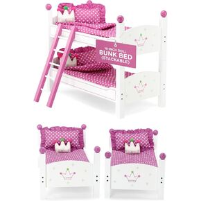 Emily Rose 18 Inch Doll Bunk Bed Furniture | 2 Single 18" Doll Beds! - Stackable Doll Bunkbed with Ladder and (2) 4-PC Doll Bedding Accessory Sets | Lead and Phthalate Free!