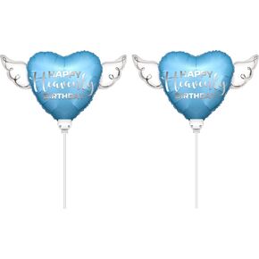 Happy Heavenly Birthday blue balloons on a stick heart shaped with angel wings (2 Pack)