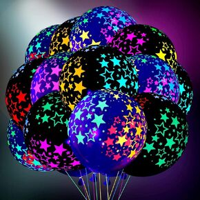 Chivao 50 Pieces Neon Glow Balloons Neon Stars Glow in Blacklight Black Light Fluorescent Mini Stars Party Latex Balloons for Birthday Wedding Arch Party Decoration(Black, Clear)