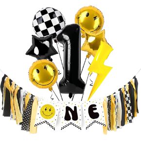 NANAGALI One Happy Dude High Chair Banner & 40" Black One Lightning Bolt Eyes Balloon for One Happy Dude Birthday Decor - One Cool Dude Hippie Groovy High Chair Garland Decorations